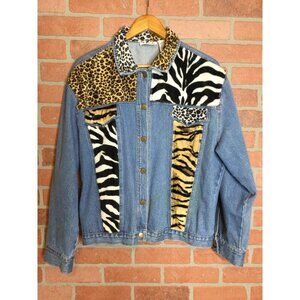 Vintage Womens Arlando X-Large Denim Jacket Animal Print Faux Fur Patchwork